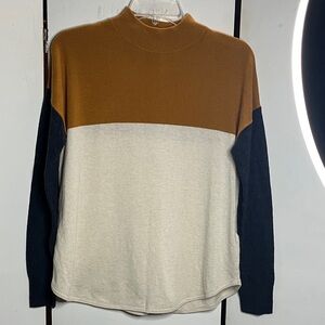 Madewell Women’s Colorblock Ashbury Mockneck Sweater - Brown, Cream, and Blue.